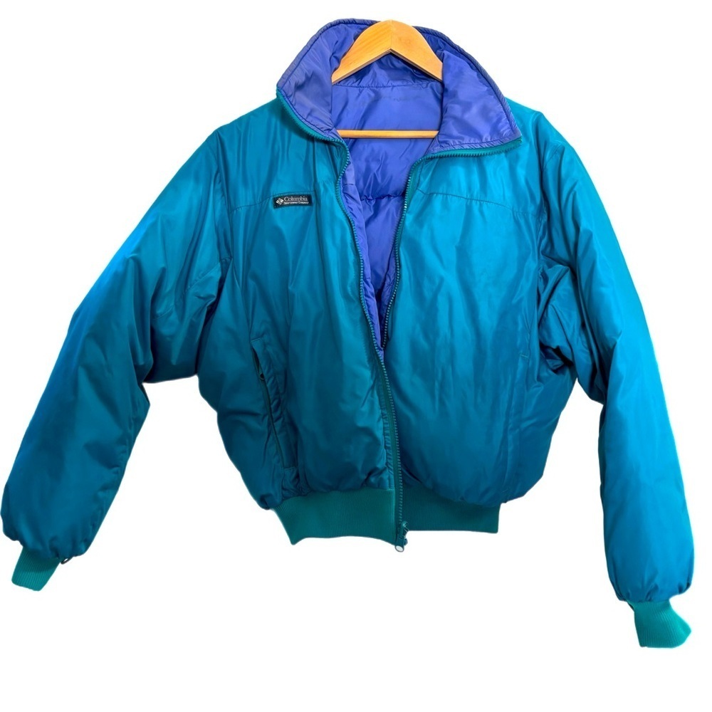 Columbia Sportswear vintage waist length down feather teal puffer jacket